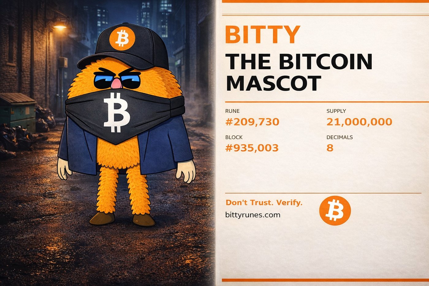 BITTY — The Bitcoin Mascot card: Rune #209,730, Block #935,003, 21,000,000 supply, 8 decimals