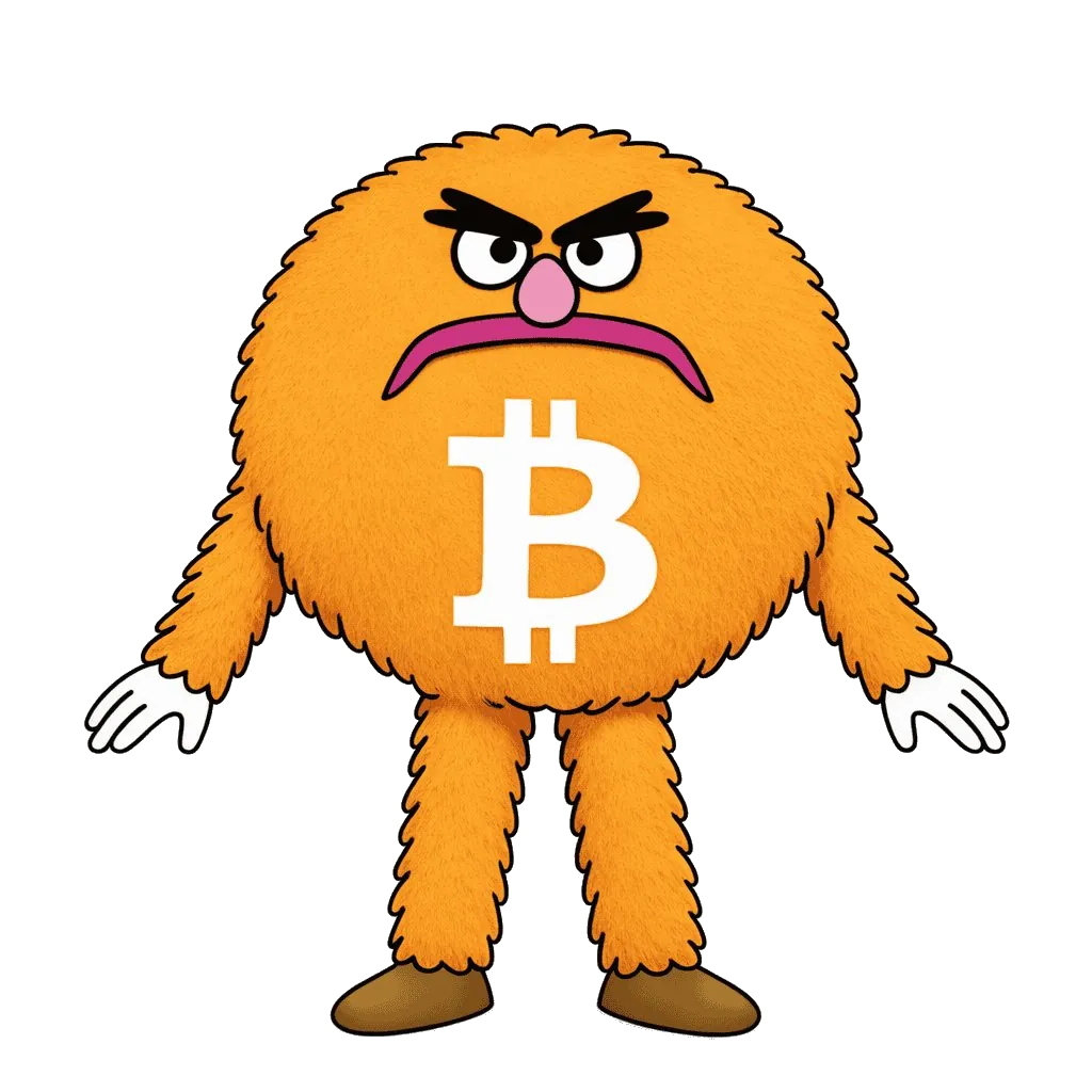 Bitty — the grumpy orange Bitcoin mascot from Here Comes Bitcoin by Spiral